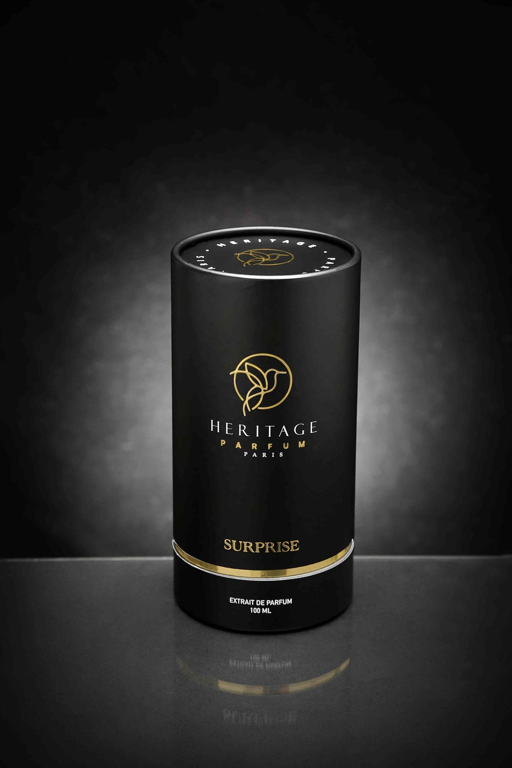 Boîte de parfum noire 'Surprise' de Heritage Parfum Paris, démontrant un design sobre et élégant avec des détails dorés. Offrez-vous ou offrez ce parfum unisexe riche en surprises olfactives, présenté par la meilleure boutique en ligne de parfum en Europe.